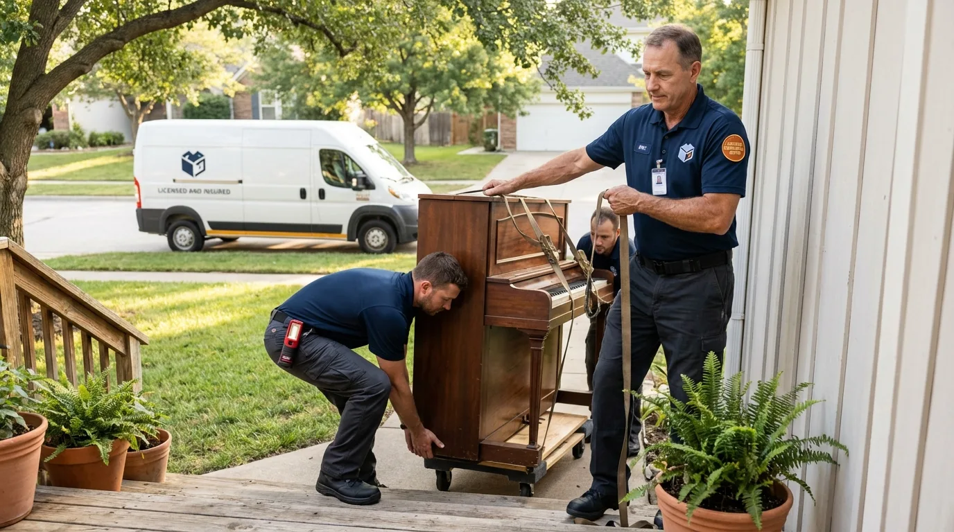 Licensed piano movers securing grand piano in Franklin, PA