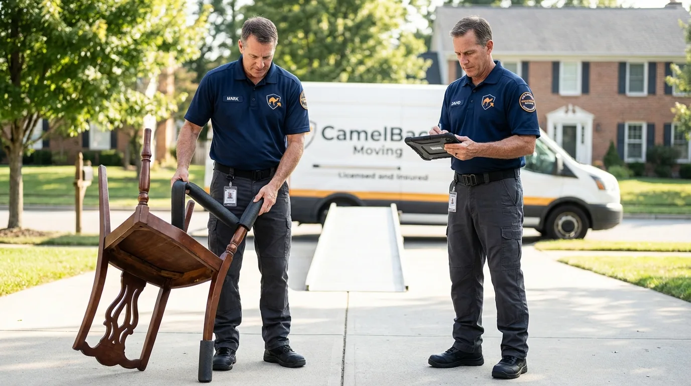 Movers inspecting furniture for damage prevention before loading in Franklin, PA