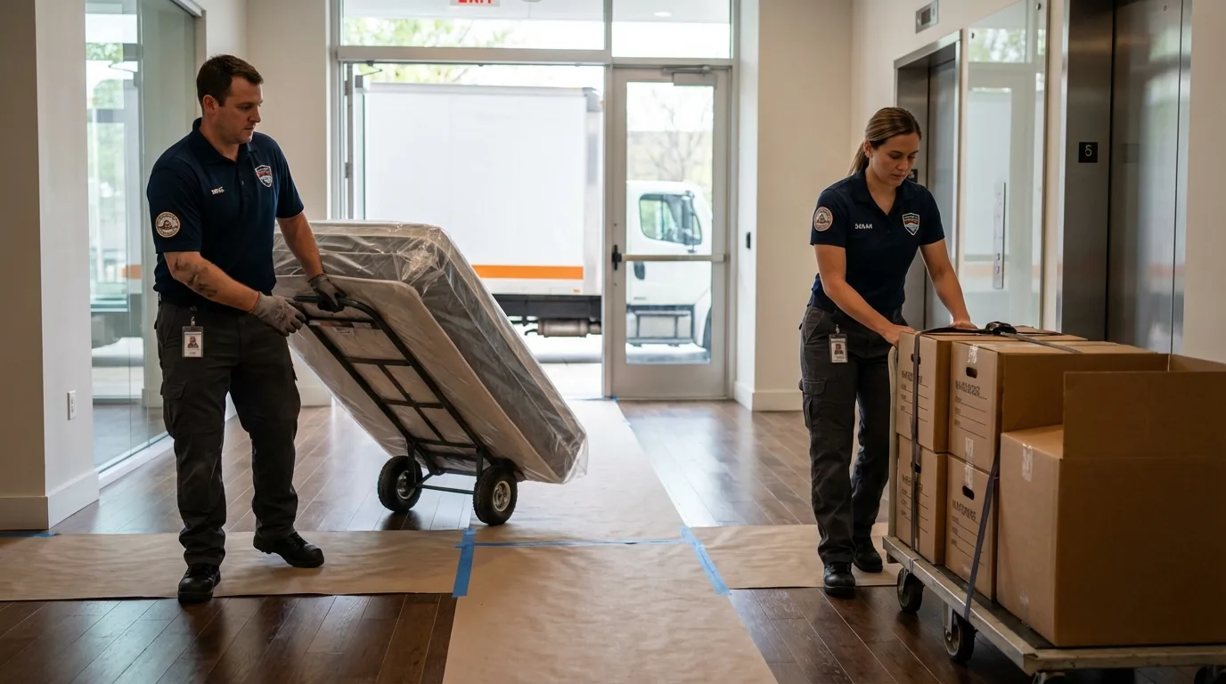 Professional apartment movers loading elevator in Franklin, PA